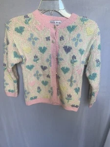 Girls 6x Vintage Y2K 90s Christie Brooks Hand Knit Granny Cardigan Hearts Floral - Picture 1 of 10