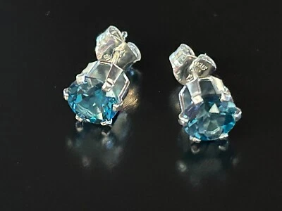 London Blue Topaz Silver Earrings 6mm Round Faceted Stud Estate NEW - Image 1 of 4