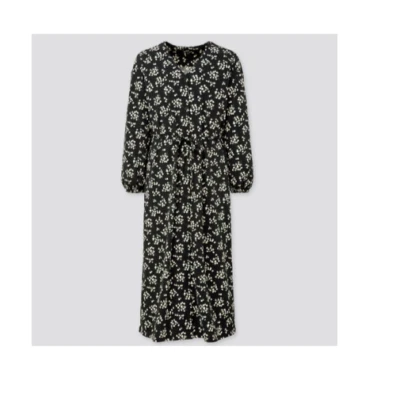 New Uniqlo Joy of Print Crepe Jersey Long Sleeve Midi Dress XS Black Floral - Image 1 of 4
