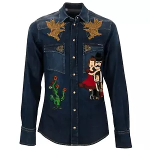DOLCE & GABBANA Goldwork Rose Crystal Bees Denim Jeans jacket Shirt Blue 39 S - Picture 1 of 8