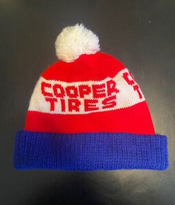 Vintage lata 80-te Cooper Opony Pom Beanie Dzianinowa czapka zimowa Czapka narciarska Czerwono-biała Niebieska