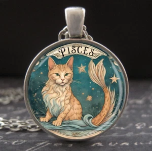 Pisces Zodiac Necklace Mercat Mermaid Jewelry Cat Pendant Silver Crystal Glass - Picture 1 of 3
