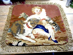 Georgian 1820 earthy needlepoint hand embroidered boy & dog &cat pillowcase - Picture 1 of 9
