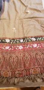 Pakistani/Indian Rangoli Brown Wool Shawl Floral Embroidery  - Picture 1 of 6