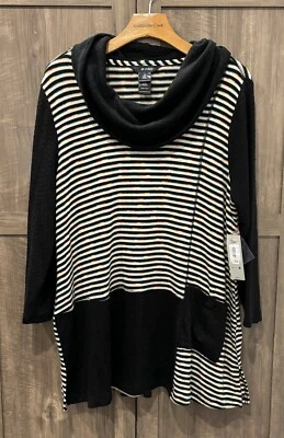 Nuevo con etiquetas Suéter Grande Ali Miles Túnica Capucha Cuello Rayas Negro Arco Iris Lagenlook Foto 1 de 4