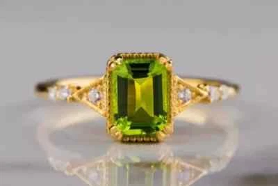 3Ct Emerald Simulated Peridot Women's Wedding Ring 14K Yellow Gold Plated Silver - Image 1 of 4