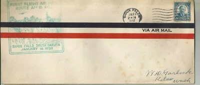 1932 FIRST FLIGHT AIR MAIL SIOUX FALLS SD TO KELSO WA COVER 5 CENT ROOSEVELT - Image 1 of 2