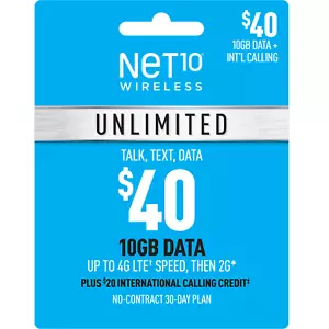 Net10 $40.00/Month Refill, Unlimited Talk, Text, and Data! 10 GB 4G LTE! - Picture 1 of 1