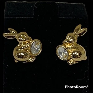 Vintage Easter Rabbit Earrings Gold Tone Sparkling Crystal Rhinestone Boxed Y2K - Picture 1 of 15