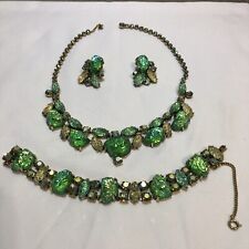 Vtg Schiaparelli Green Art Lava Glass Necklace Bracelet and Earrings Parure Set