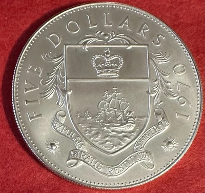 RARE 1970 BAHAMAS HUGE PIRATE DEFEAT MOTTO Proof .925 Silver $5 Coin 1.2526 Oz. - Image 1 of 2
