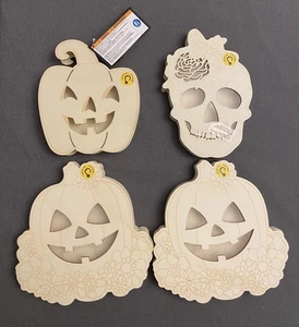 4 LOT MAKE MARKET DIY PLYWOOD CRAFTS HALLOWEEN WOOD LED LIGHT UP SKULL PUMPKIN - Picture 1 of 3
