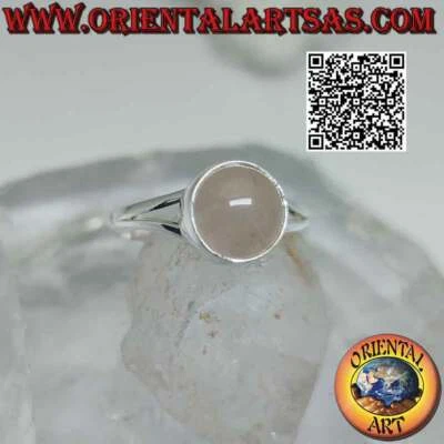 Anello in argento 925 ‰ quarzo rosa tondo cabochon su montatura liscia agganciat - Immagine 1 di 4