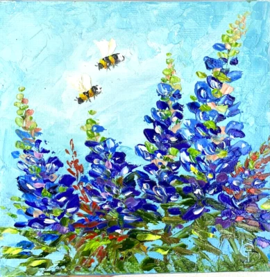 Pintura Original OIL Impasto 5"x 5" Abejas y Bluebonnets por Olga Diduh  Foto 1 de 4