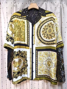 Versace Baroque Shirt Silk Cotton Long Sleeve Black Gold Mens Size 38 Italy USED - Picture 1 of 10
