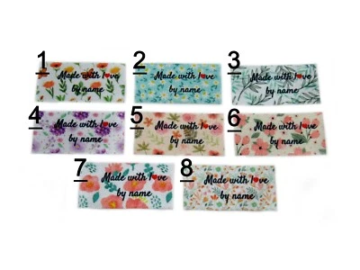 CAMBRIDGE PERSONALISED Made With Love by Floral Blume vollfarbig Kleideretiketten zum Aufnähen 25 x 40 mm