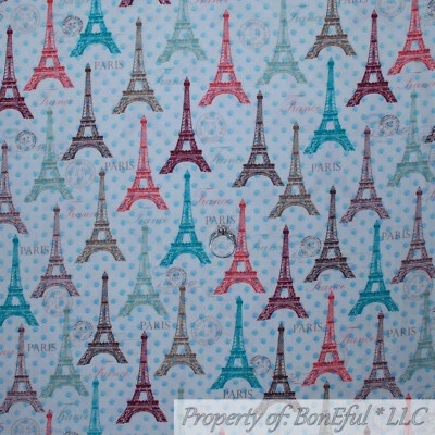 BonEful FABRIC FQ Cotton Quilt Cream Brown Aqua Blue Polka Dot Eiffel Tower Girl - Image 1 of 4