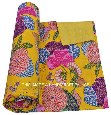 Queen Kantha Baumwolle Steppdecke Blumenmuster Indisch Tropicana Bedruckt Gelb - Bild 1 von 4
