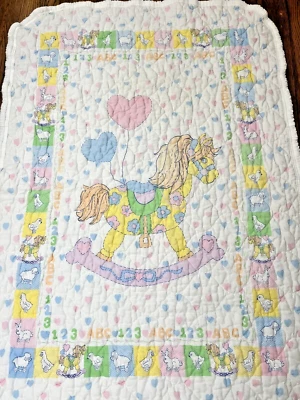 Baby Blanket ABC's Rocking Horse Heart Balloon Duck Bunnies 31" X 43" Quilt VTG - Image 1 of 4