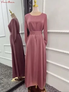 New Satin Fashion Dress Plain Closed Belted for Women Islam Clothing - Picture 1 of 2