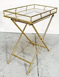 Vtg Mcm Regency Style Gold Bamboo Mirror Folding Tray Bar Coffee Cart Side Table - Picture 1 of 11