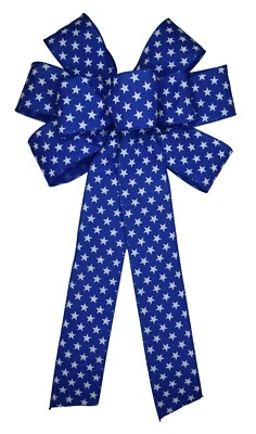 10" Hand Made White Stars on Blue Ribbon Wired Wreath Bow - July 4 - Image 1 of 4