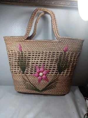 Cartera boho/hippie vintage años 70 rafia chicle rosa flor Foto 1 de 4