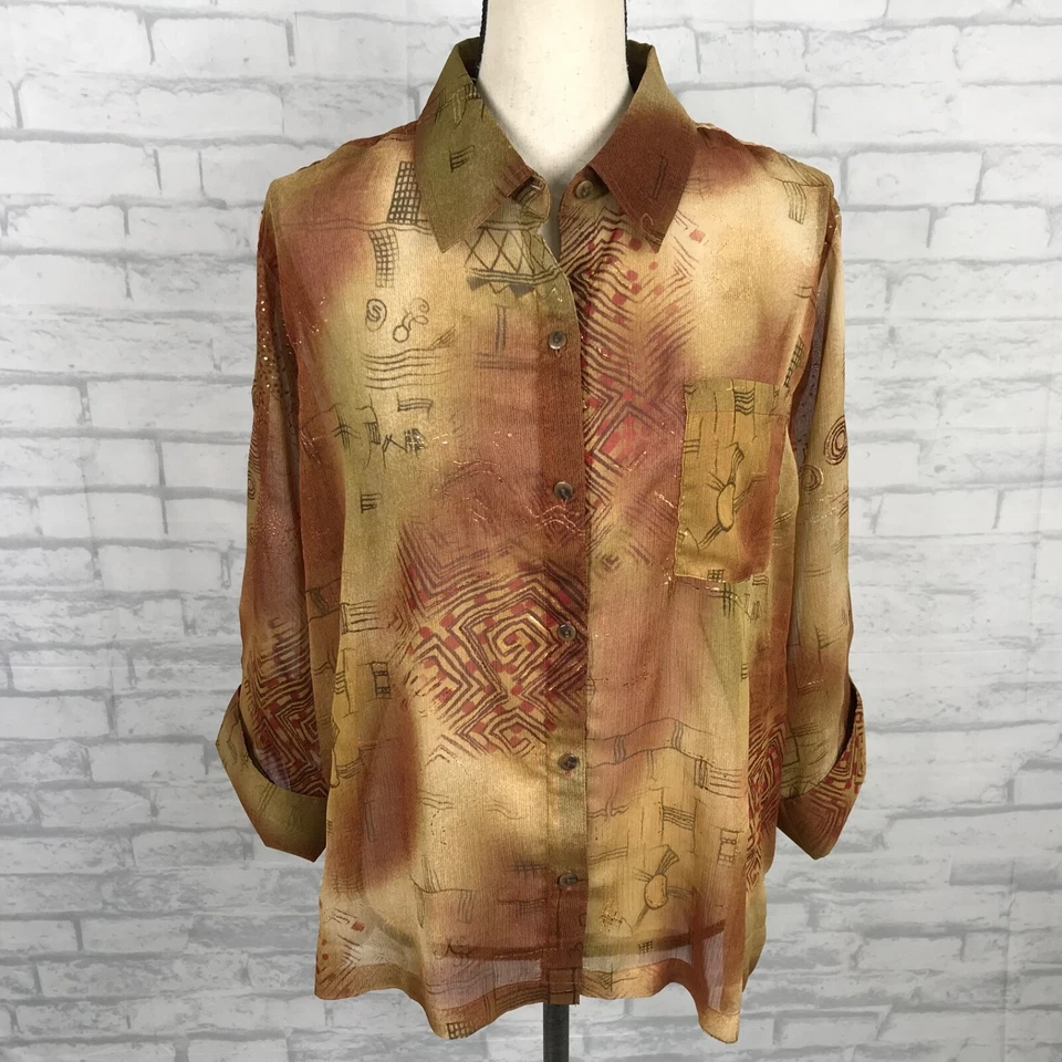 Coldwater Creek XL Shirt Top Sheer Button Up Earthtones Lightweight Gold Accents - Image 1 of 4
