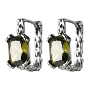 S925 Solid Sterling Silver Navy Blue Zirconia Cube Drop Dangle Huggie Earrings - Picture 1 of 8