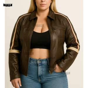 Women’s Brown Leather Biker Jacket | Cream Racing Stripe Moto Outerwear- S-5XL - Picture 1 of 14