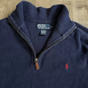 Polo Ralph Lauren Estate Rib Quarter Zip Men Medium Navy Blue Red Pony USA - Picture 1 of 6