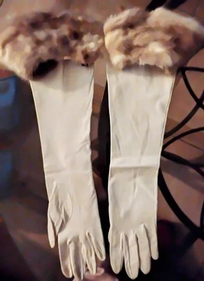 16" Long White Kid Leather Sz 7.5 Gloves 3"Blonde Mink Cuff Custom Wedding Mint - Image 1 of 4