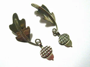 Vintage 80s Anne Harvey Mexico Sterling Silver Acorn Oak Leaf Earrings 2.25" - Picture 1 of 5