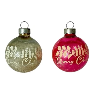 2 Vintage Shiny Brite Frohe Weihnachten Stechpalme Kerze Schablone Rosa Klarglas Ornament - Bild 1 von 6