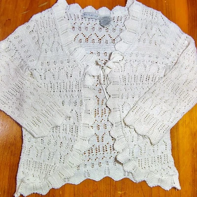 coquette boho y2k Lace Knit Tie Front Cardigan Sweater Cream Medium 8 10 - Image 1 of 4