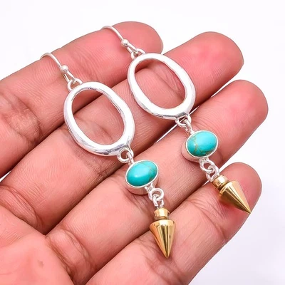 Copper Blue Turquoise 925 Sterling Silver Two Tone Arrow Head Earring 2.73" E47 - Image 1 of 4