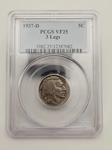 1937-D Buffalo 5c nichel 3 gambe PCGS VF 25 - Foto 1 di 4
