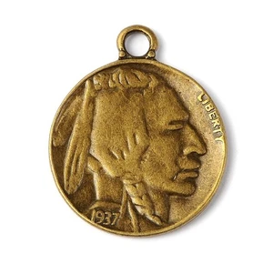 Indian Head & Buffalo Coin Pendants in Antique Bronze 40x33x3mm Hole:4mm. 3pcs - Picture 1 of 2