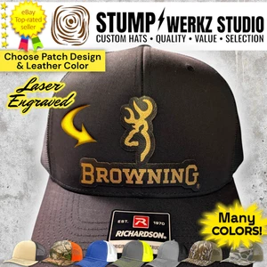 Custom Hat Trucker Baseball Cap Richardson Leather Patch Browning Arms Buck Deer - Picture 1 of 24