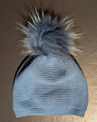 PORTOLANO MUJER 100% CACHEMIR AZUL INVIERNO SOMBRERO GORRO con POMPÓN DE PIEL SINTÉTICA - NUEVO CON ETIQUETAS Foto 1 de 4