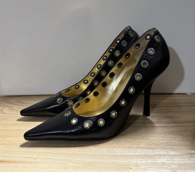 Hale Bob Black Leather Pumps With Rhinestone Grommets - Image 1 of 4