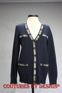 St John Knits Cardigan Sweater Crystal Trim Navy Shimmer Sz Medium NWT $1195 - Picture 1 of 2
