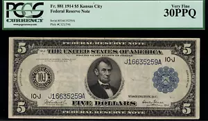 1914 $5 Federal Reserve Note Kansas City FR-881 - Graded PCGS 30PPQ - Very Fine - Picture 1 of 2