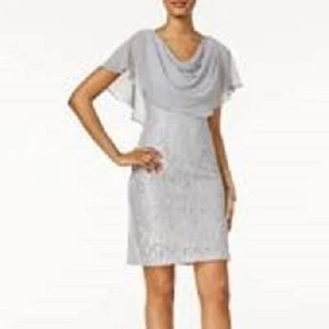 Jessica Howard Silver Stretch Lace Chiffon Capelet Social Dress 16W $109 PLUS - Picture 1 of 2