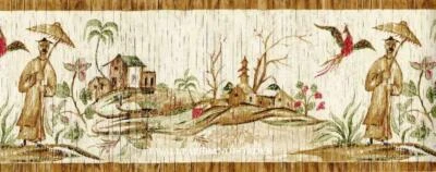 Raymond Waites Vintage Oriental Village Pájaro Flor Casa Marrón Papel Pintado Borde Foto 1 de 2