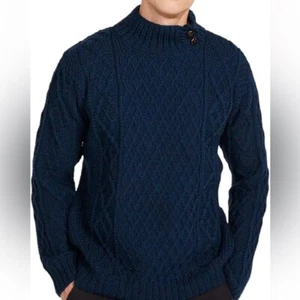 Maglione Aran Market Made in Ireland maglione collo bottoni lana merino blu navy cavo - Foto 1 di 10