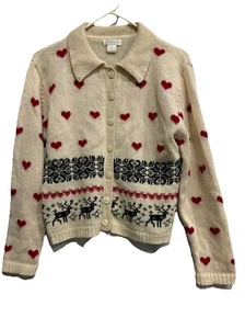 Vtg Women Pierre Cardin Hearts Deers Geometric Sweater Sz Medium Hong Kong Wool - Picture 1 of 15