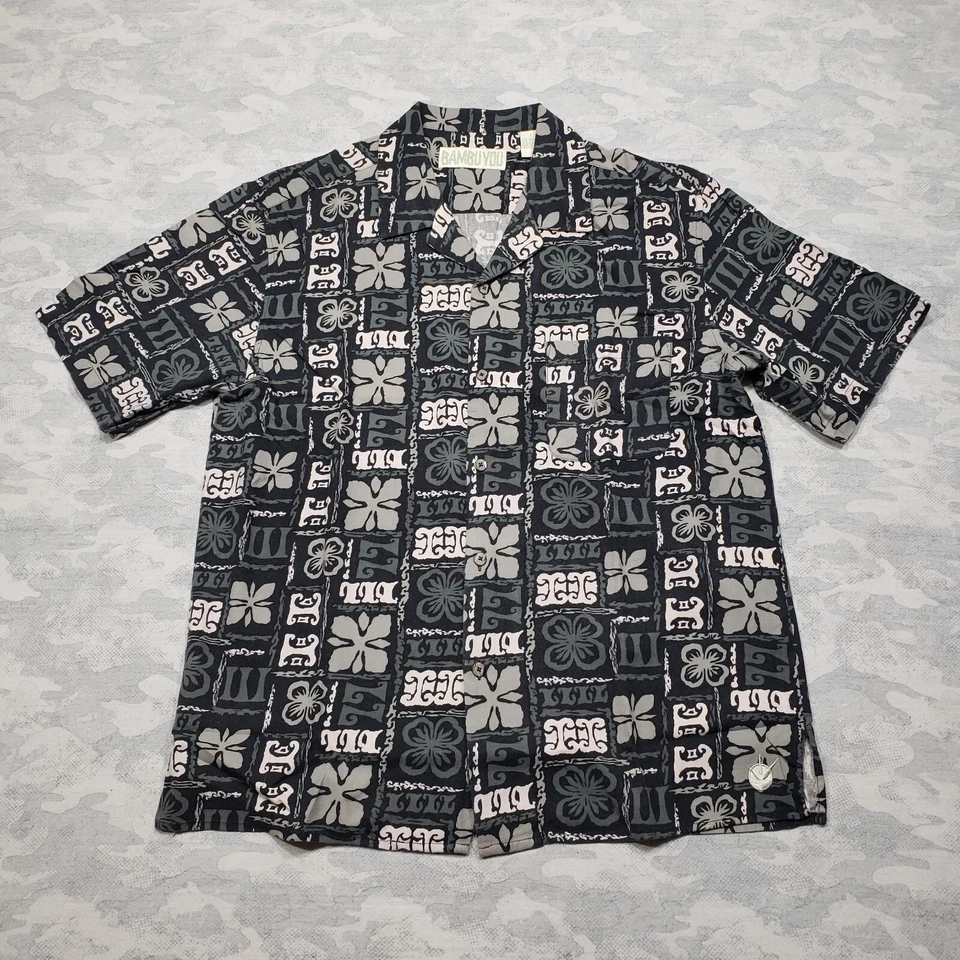 Camisa Hawaiana Bambu You Para Hombre Grande Negra Geo Estampado Manga Corta Mezcla de Bambú Foto 1 de 4