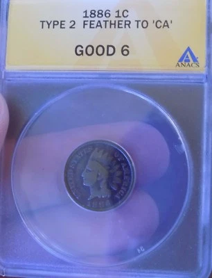 Indian Cent 1886 Type 2 Rare Date Beauty ANACS VG 6 Graded Original Rare  - Image 1 of 2