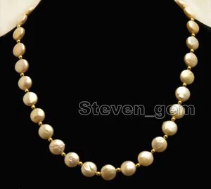 13-14mm Coin Round Natural Freshwater Pink Pearl Necklace for Women Jewelry 17'' - Picture 1 of 4